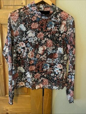 Floral Mock Neck Long-Sleeve Mesh Top - Black Multi